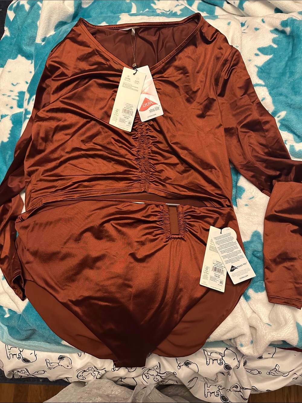 CALIA by Carrie Underwood Long Sleeve Ruched Two-Piece Swim Set in Rust Brown